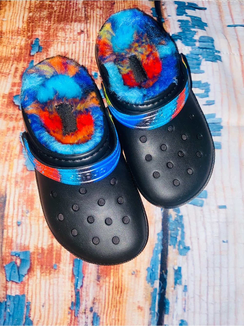Kids Black Crocs with Blue & Multicolor Lining